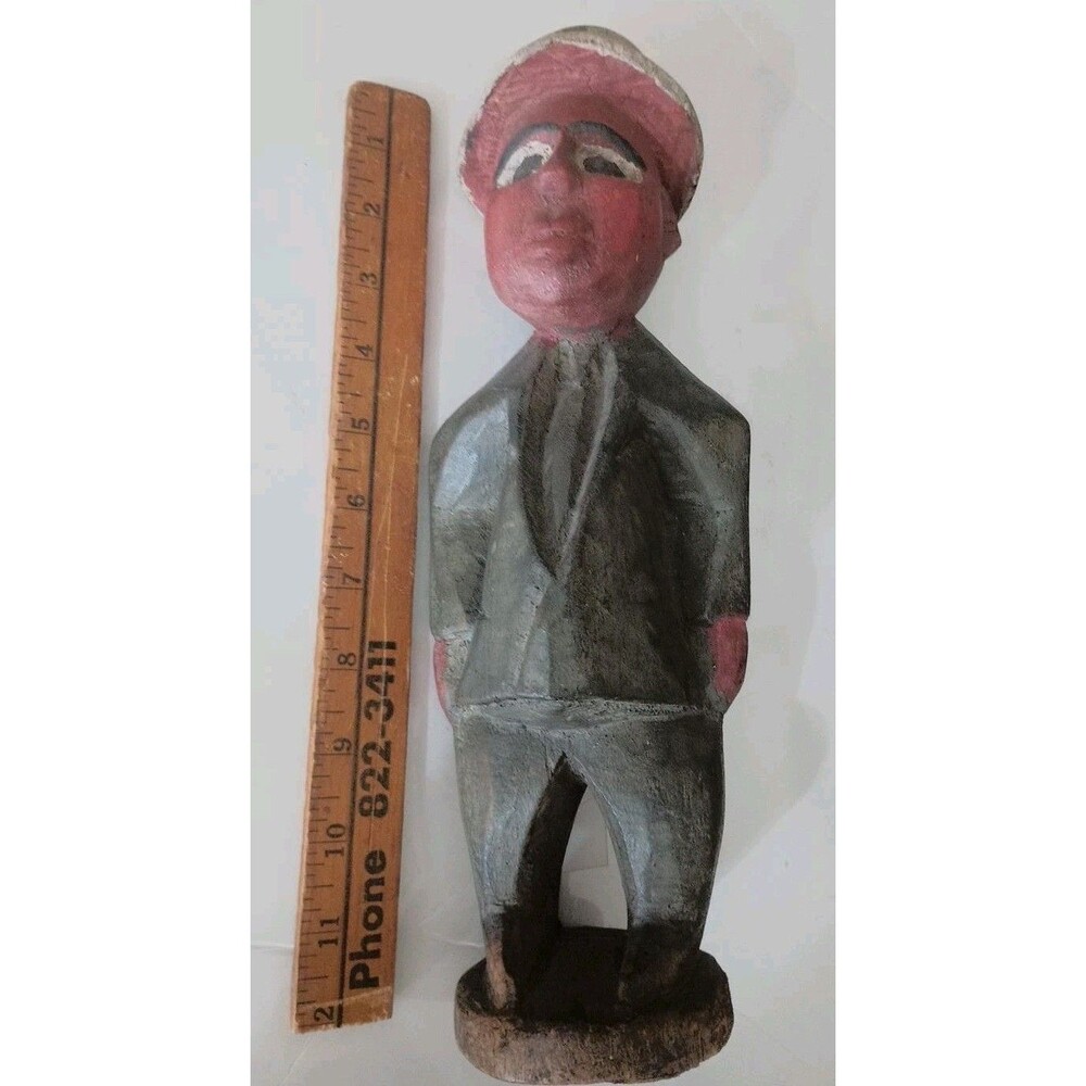 Vintage African Colon Figure Hand Carved Painted Wood Man in Suit Hat Folk Art
